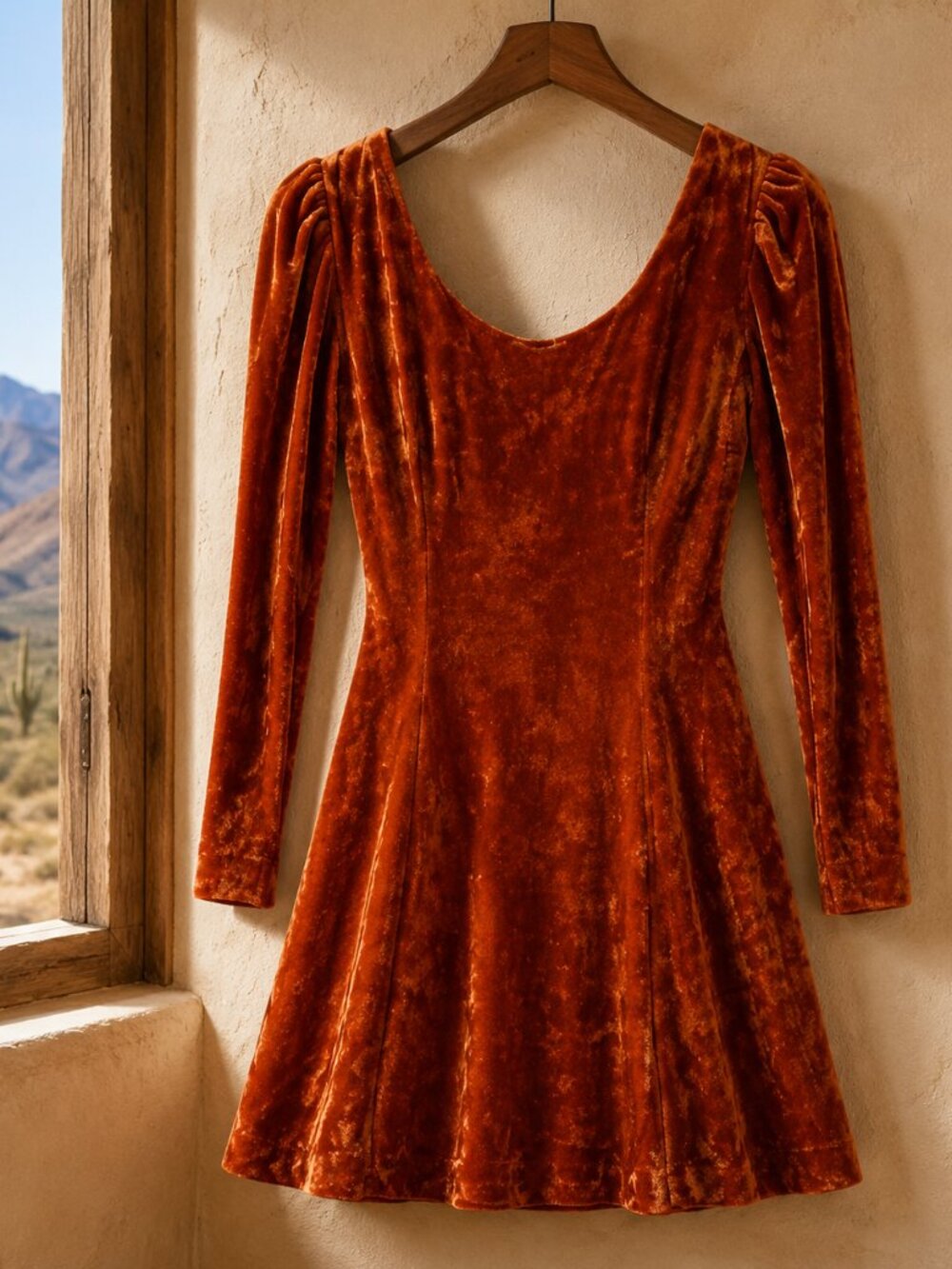 Vintage 60s 70s Burnt Orange Crushed Velvet Deep Back Mini Dress S - One Owner